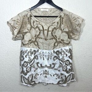 Chloe Eyelet Cotton Blend Top Cream and White Boho Size L